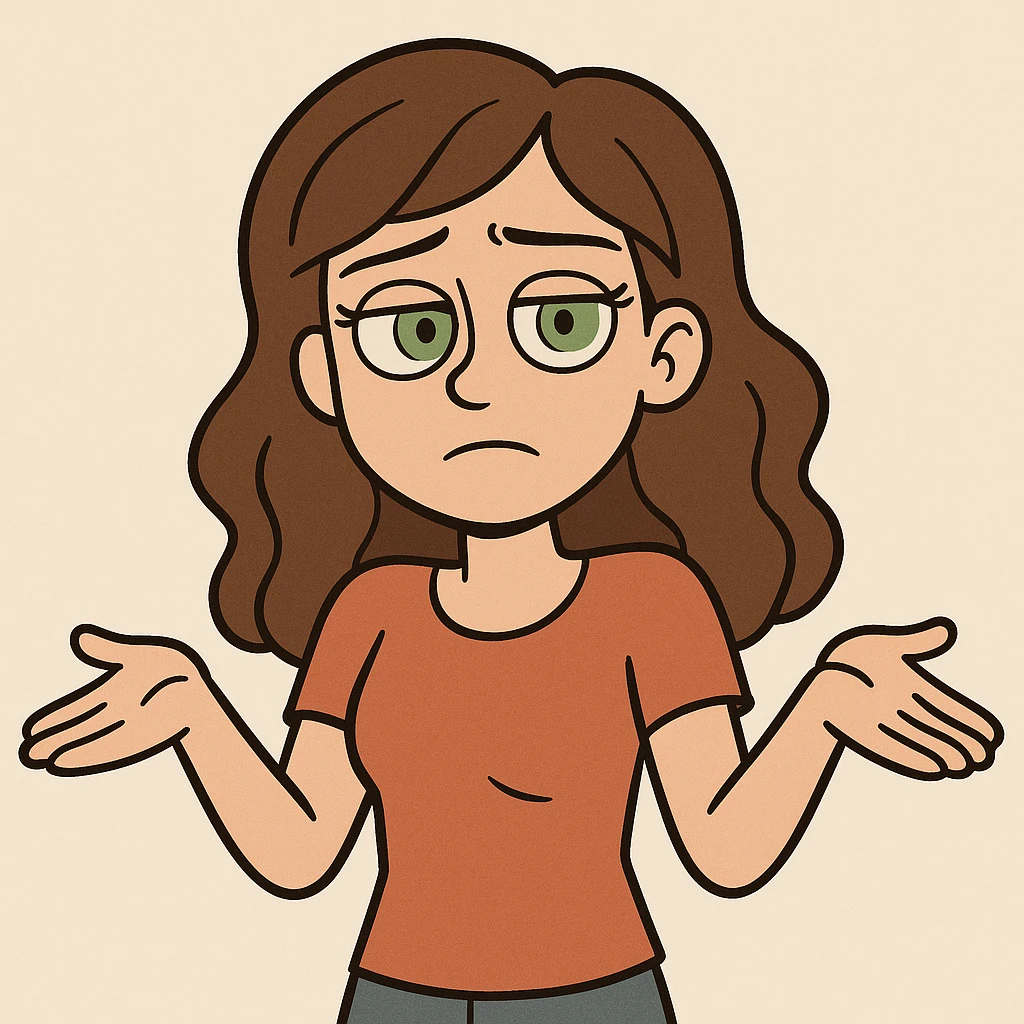 cartoon girl with long brown wavy hair, green eyes, shrugging, neutral expression, upper body, simple background emoji