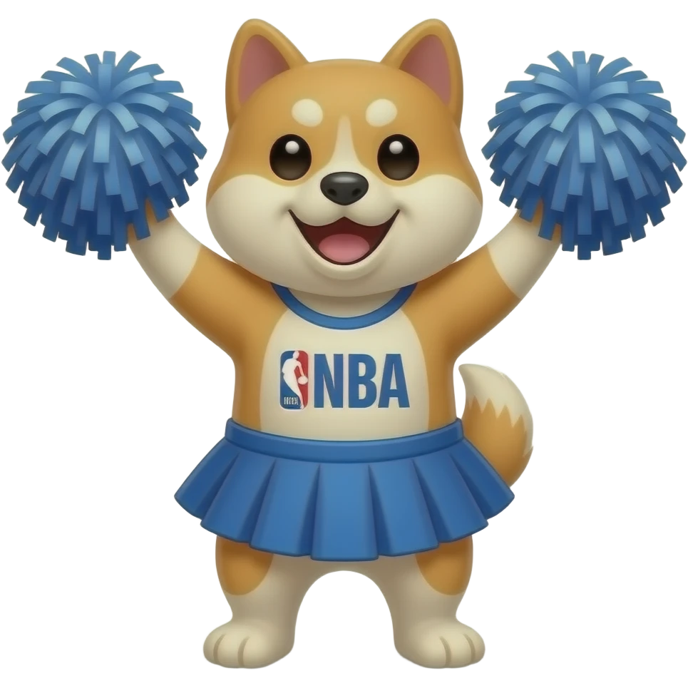 Hachiko dog in chibi cute animation as nba fans cheeringbwith pom poms wearing cute skirt emoji