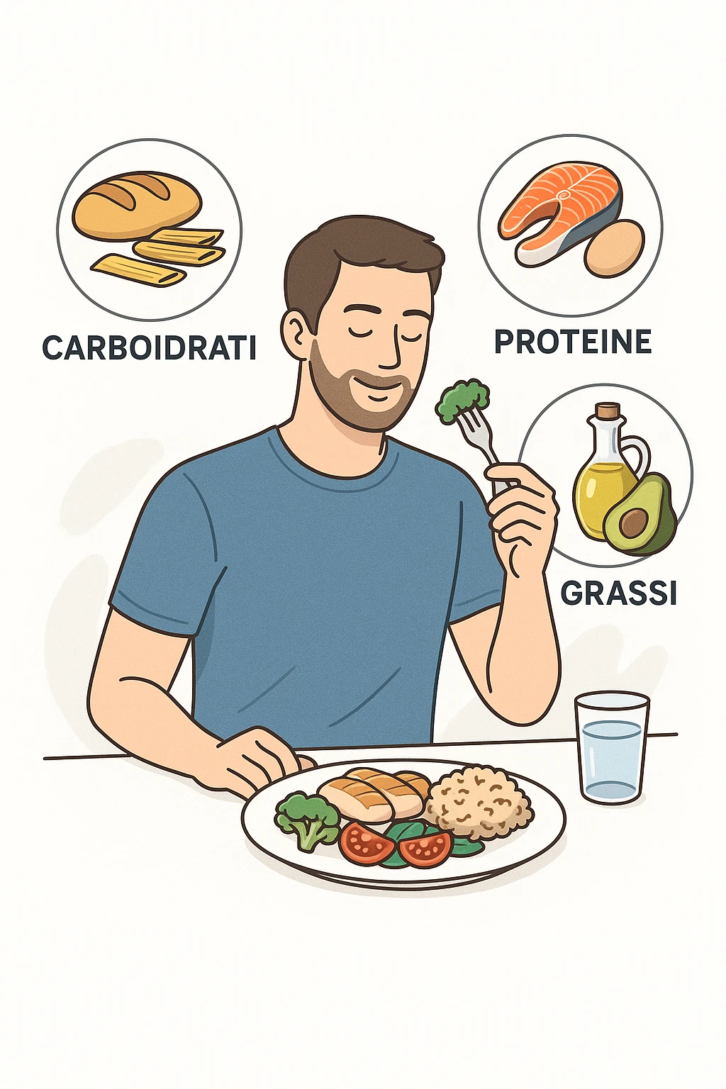 uomo che fa alimentazione attraverso i giusti macronutrienti. Scritte in ITALIANO emoji