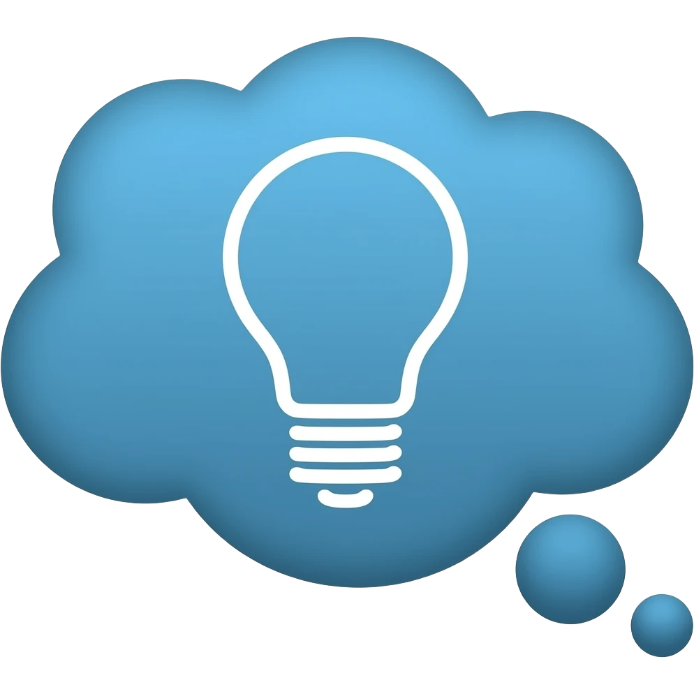 Simple and minimalistic sticker of a thought bubble with a light bulb inside, white outline, smooth gradients or solid colours emoji