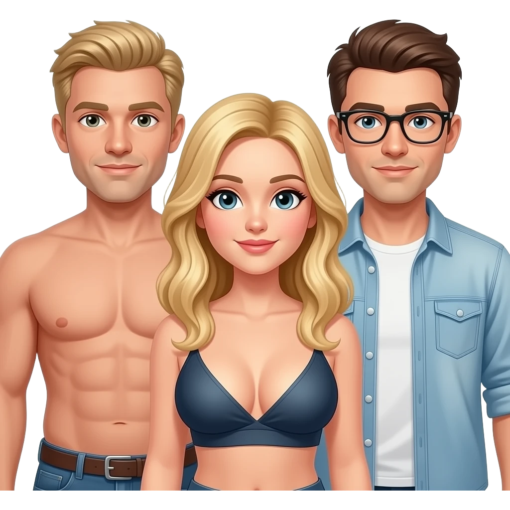 Two blonde twins with bare man a little olderlarge breadts with a man with light brown hair and black glasses emoji