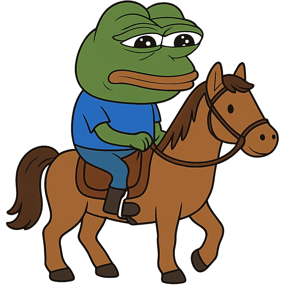 create a pepe riding horse, white background emoji