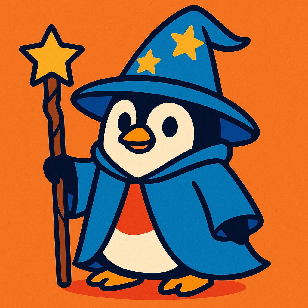a penguin dressed as a wizard, with a pointed hat and a magic staff, in a fun and whimsical style emoji