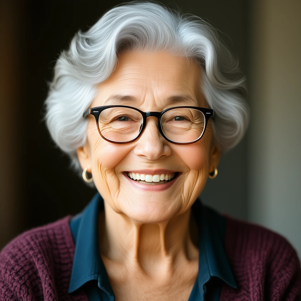 elderly woman with glasses, smiling, short gray hair emoji