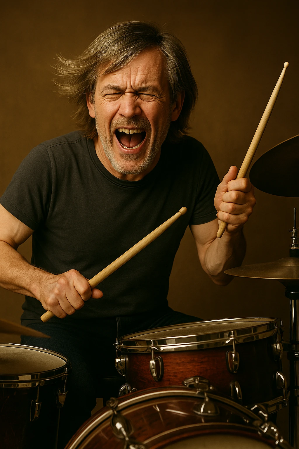 Make the male drummer look older with mature facial features and subtle signs of age, while keeping the blonde long-on-top bangs hairstyle and dynamic pose. emoji