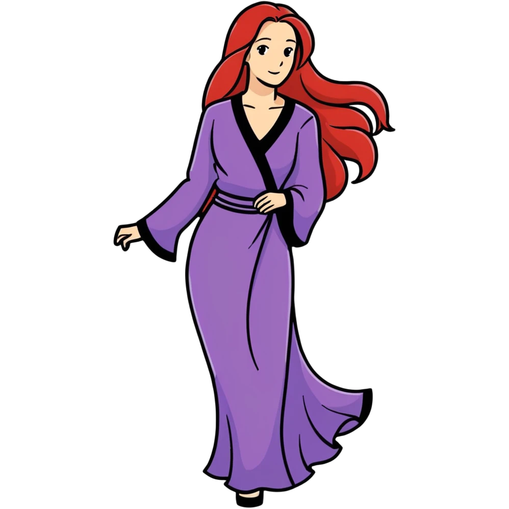 Woman with long red hair in purple flowing looking like a raven in her early 50’s emoji