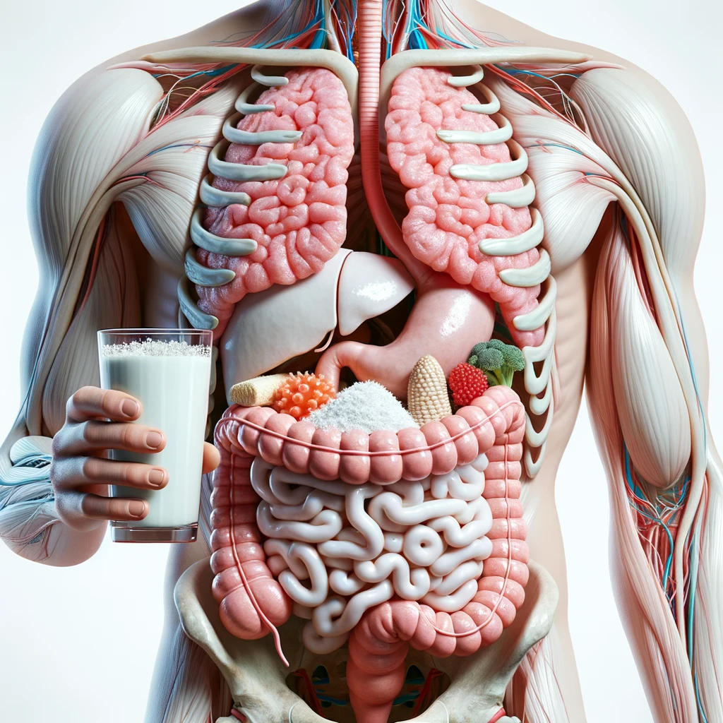 corpo umano anatomico con intestino in evidenza mentre mangia alimenti fermentati ricchi di microrganismi probiotici, iperrealistico 4k, isolato su sfondo bianco emoji