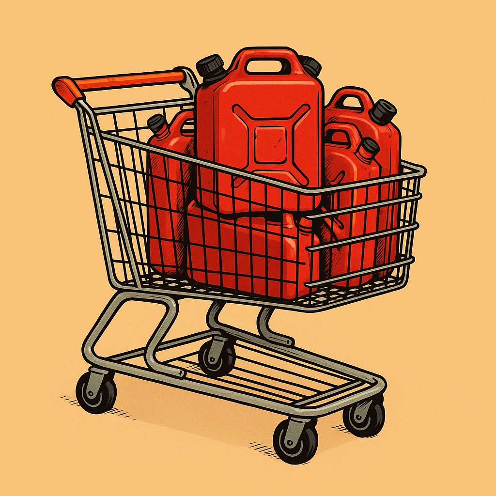 Сгенерируй мне тележку из магазина с красными канистрами бензина   на однородном фоне в стиле чуть чуть  комикса. Канистра стоит четко прямо. без надписей emoji