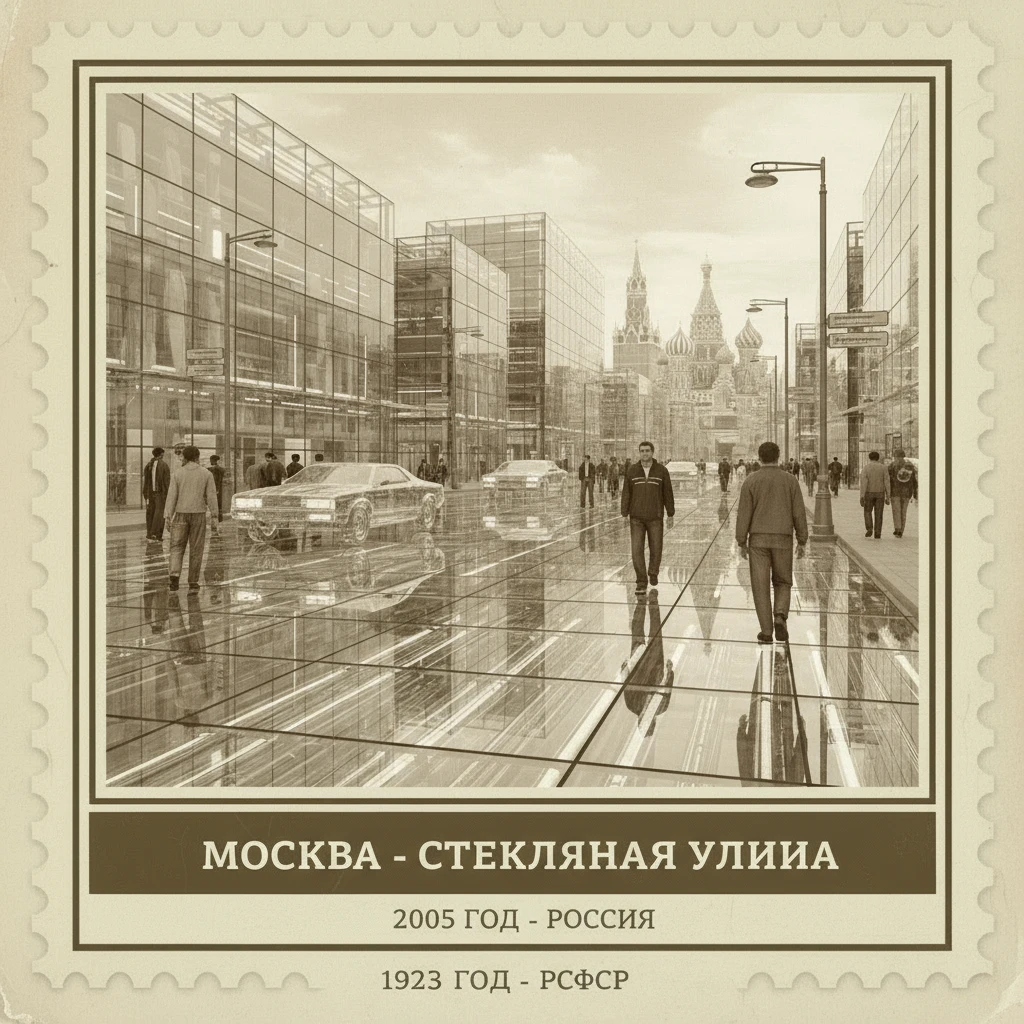 Полностью стеклянная улица в Москве, 2005 год.

Стиль - фотореализм.

Стилизуй под марку с фото emoji
