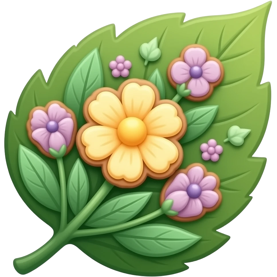 Elegant forest fairy cookies, delicate floral shapes, botanical icing, enchanted tea-time style, emerald green, amber, subtle violet accents. Laying on a leaf emoji