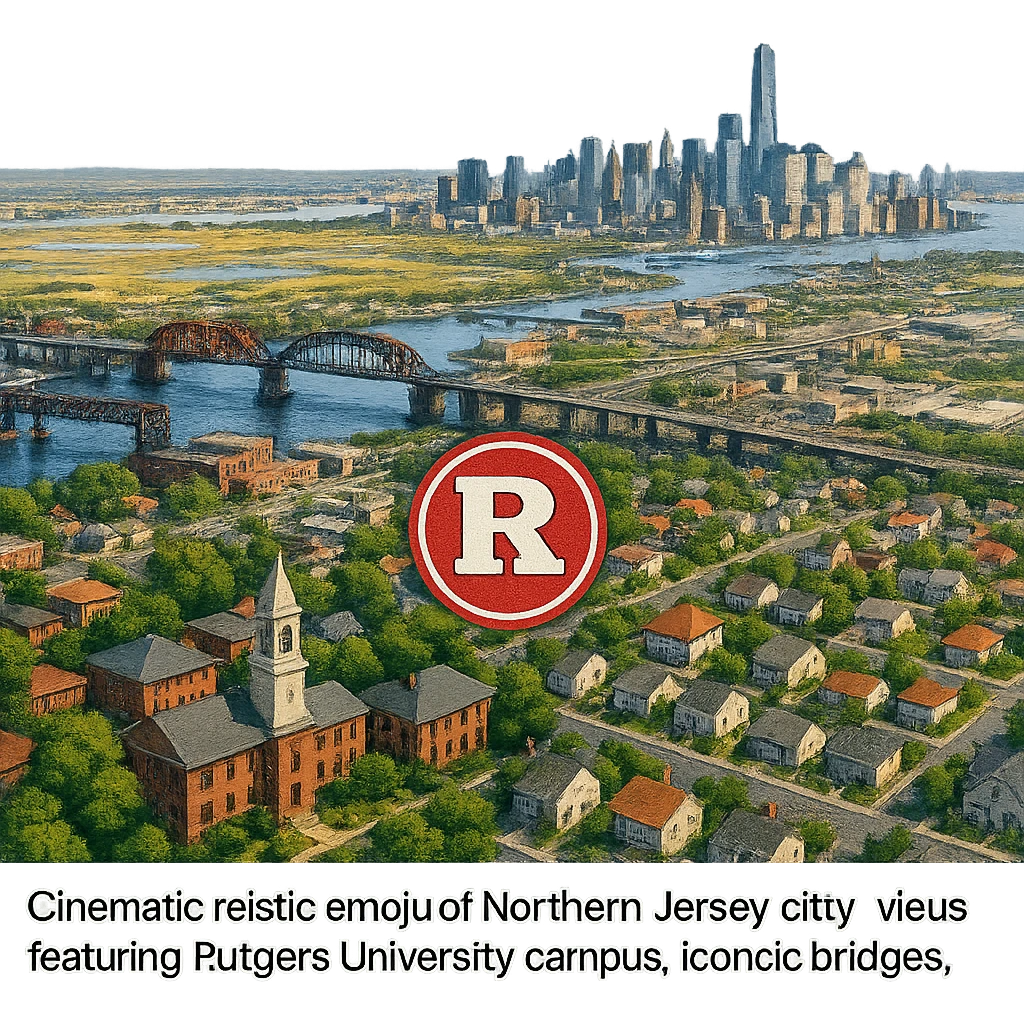 cinematic realistic emoji of Northern New Jersey city view featuring Rutgers University campus, iconic bridges, skyline, suburban neighborhoods, and the Meadowlands, lifelike detail, accurate colors, bright daytime, no sky, no clouds emoji