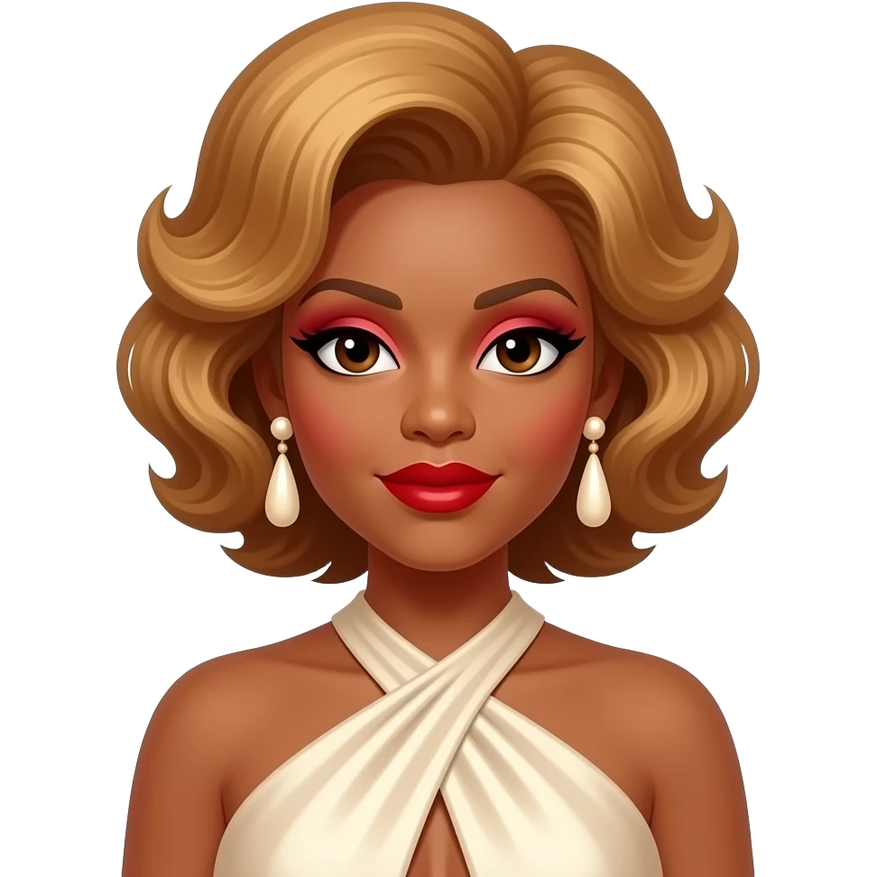 Aretha Franklin with dark brown eyes, reddish blonde beehive hair, red eyeshadow and lipstick, ivory metallic halter dress, ivory earrings emoji