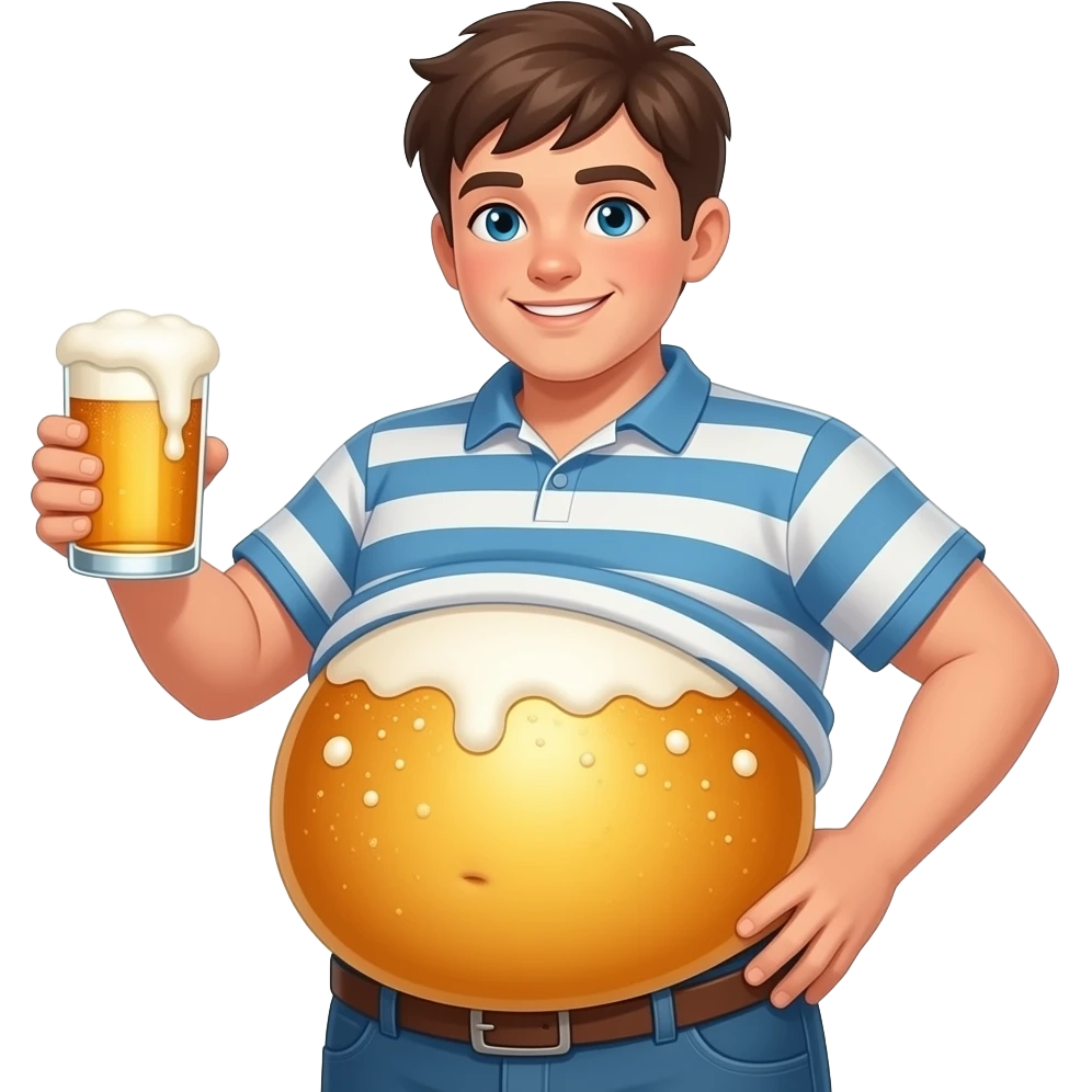 Zrób chłopak 13 latek z piwny brzuchem kształt jak piłka twarty brzuch i bardzo ogromny brzuch i trzyma piwo emoji