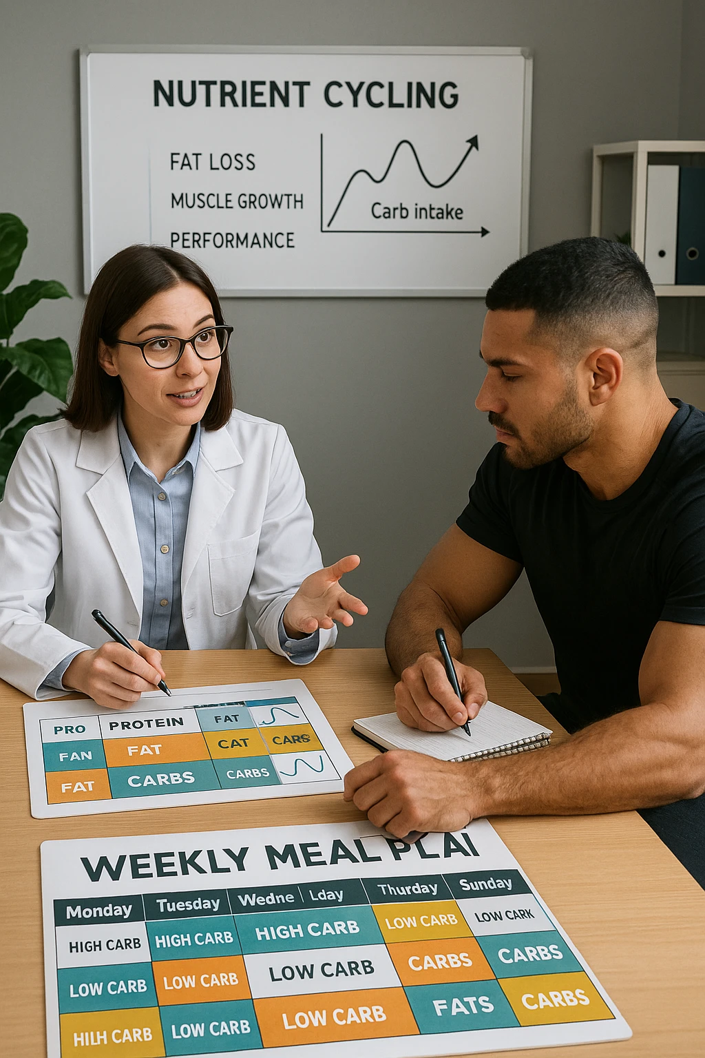 a nutritionist explains to an athlete how to cycle macronutrients for fat loss and training. On the desk, a weekly meal planner shows alternating high-carb and low-carb days, with color-coded sections for proteins, fats, and carbs. The athlete takes notes, and a chart in the background illustrates the benefits of nutrient cycling. The mood is professional and educational. scritto in italiano emoji