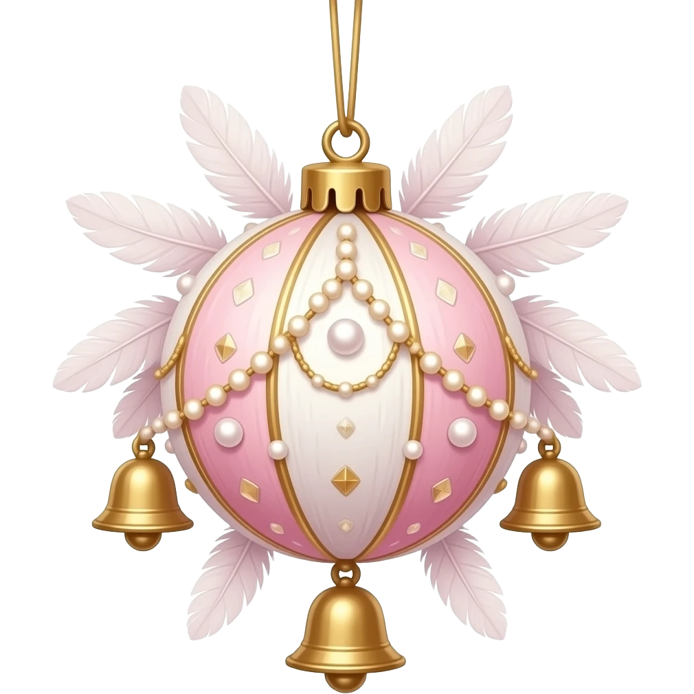 Hanging pastel Sakura-pink white-wooden gold crystals white-pearly ornament with bells and many tiny feathers emoji
