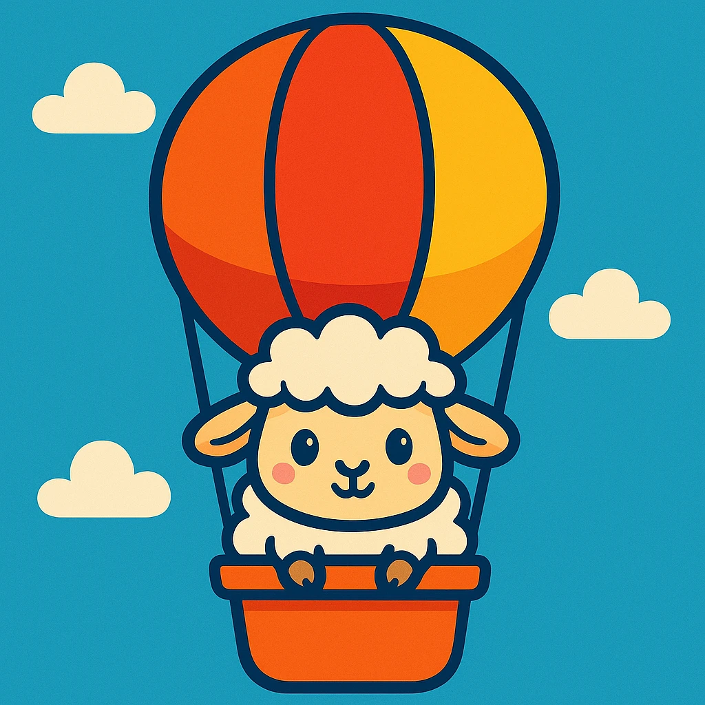 a cute sheep in a hot air balloon, playful style, vibrant toon illustration emoji