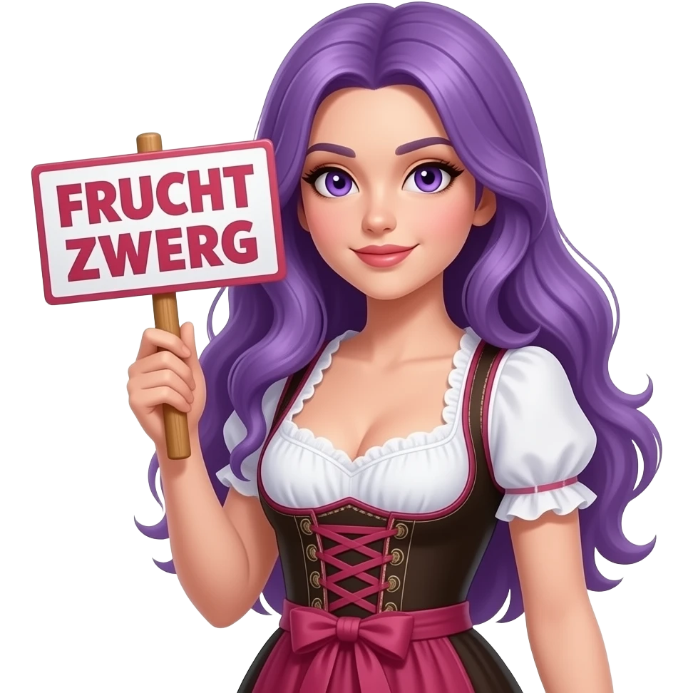 sexy girl with long purple hair and purple eyes wearing a dirndl holding a FRUCHT ZWERG sign emoji