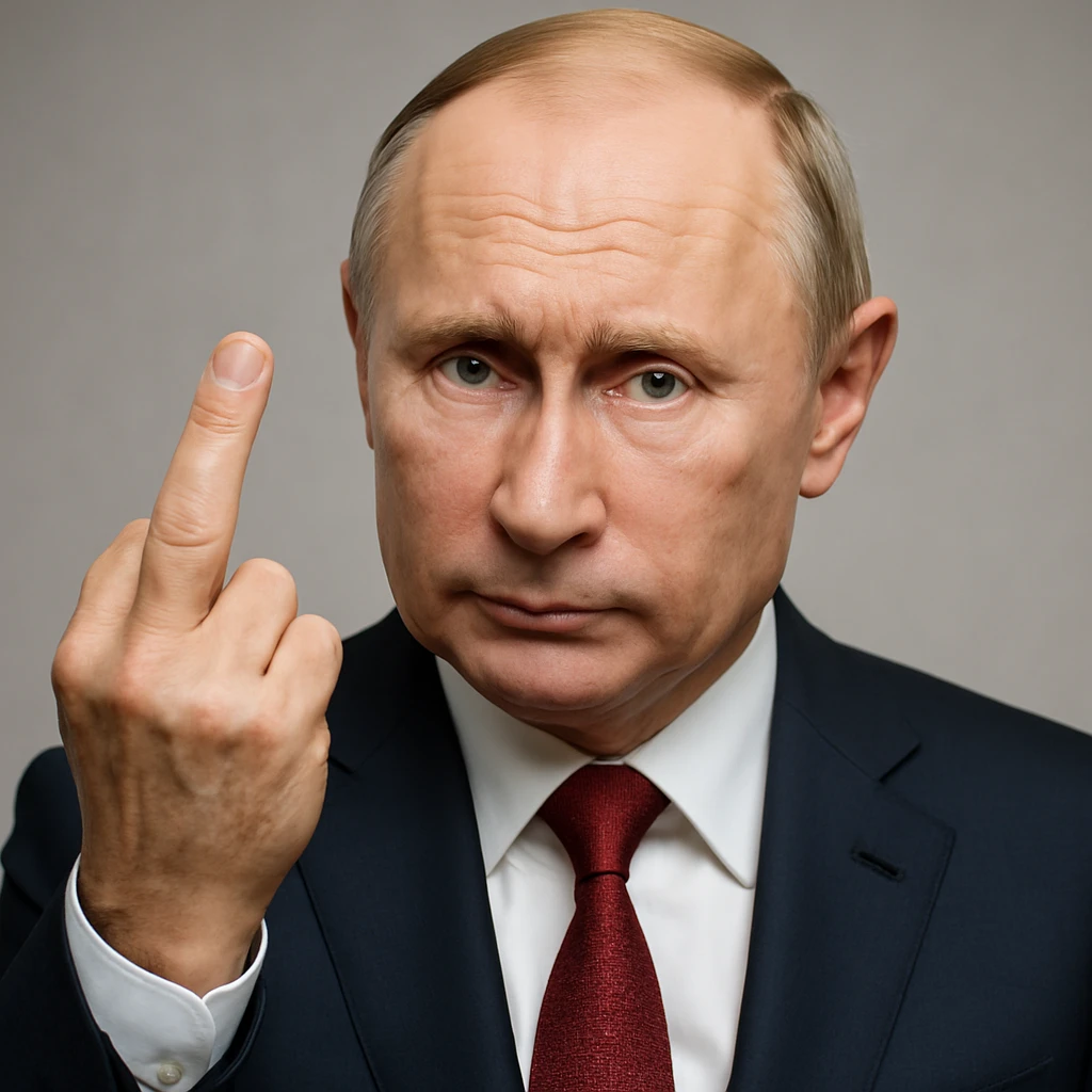Make the image even more photorealistic, enhancing the realism of Vladimir Putin's face and hand. Ensure the middle finger gesture is clearly and explicitly a 'fuck you' sign. Include detailed lighting and skin texture. No text. emoji