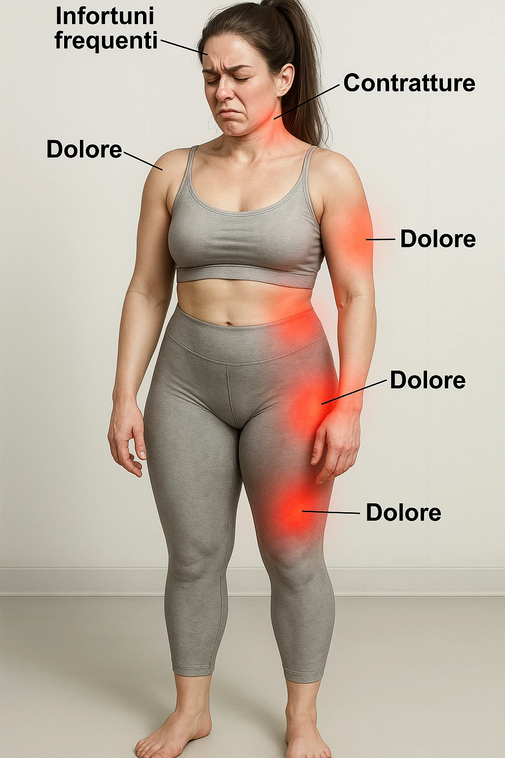 donna con infortuni e contratture frequenti in 3D realistica, donna dolorante immagine medica in italiano  emoji