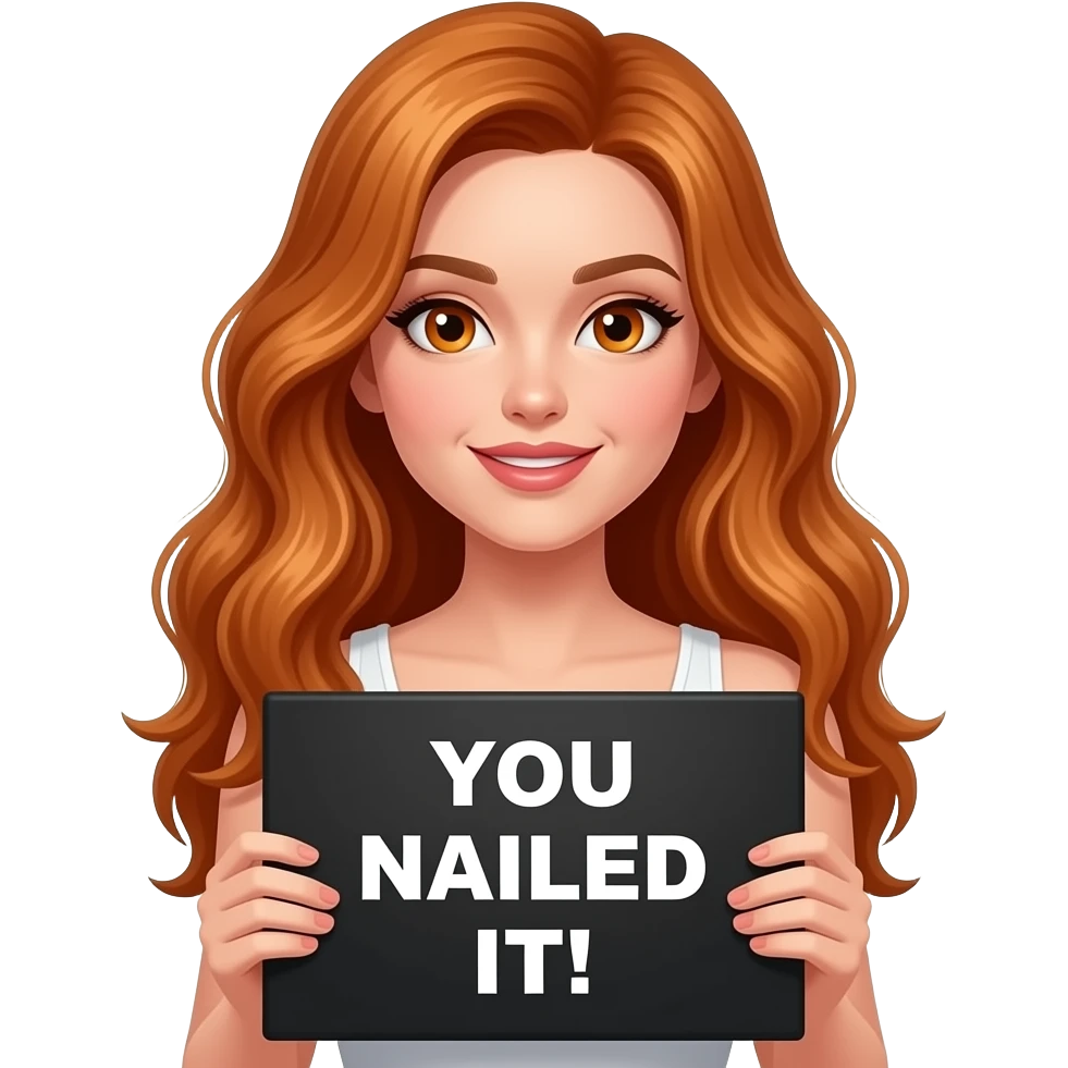 sexy girl with long wavy ginger hair and ginger eyes wearing a white tanktop is holding a black colored sign with YOU NAILED IT! written on it emoji
