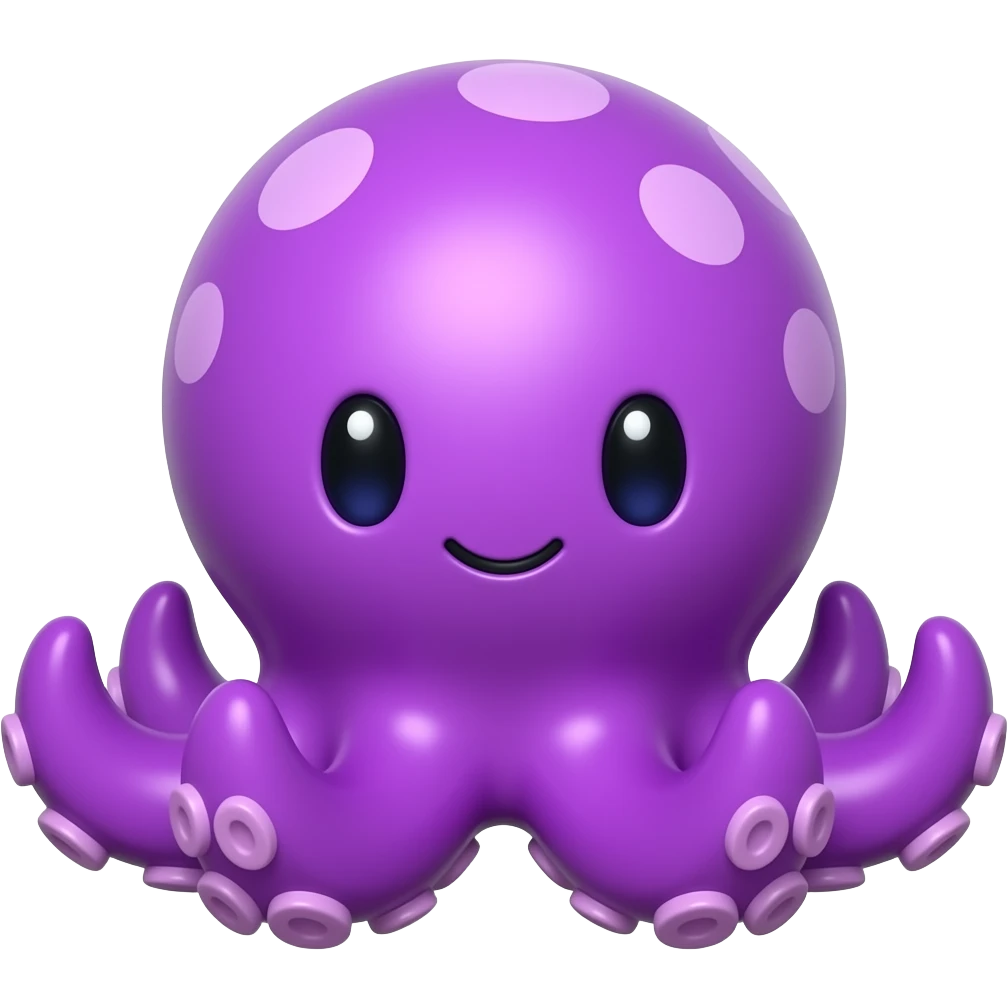 This is a 3D graphic of a purple, kawaii-style octopus characte glossy 3d emoji