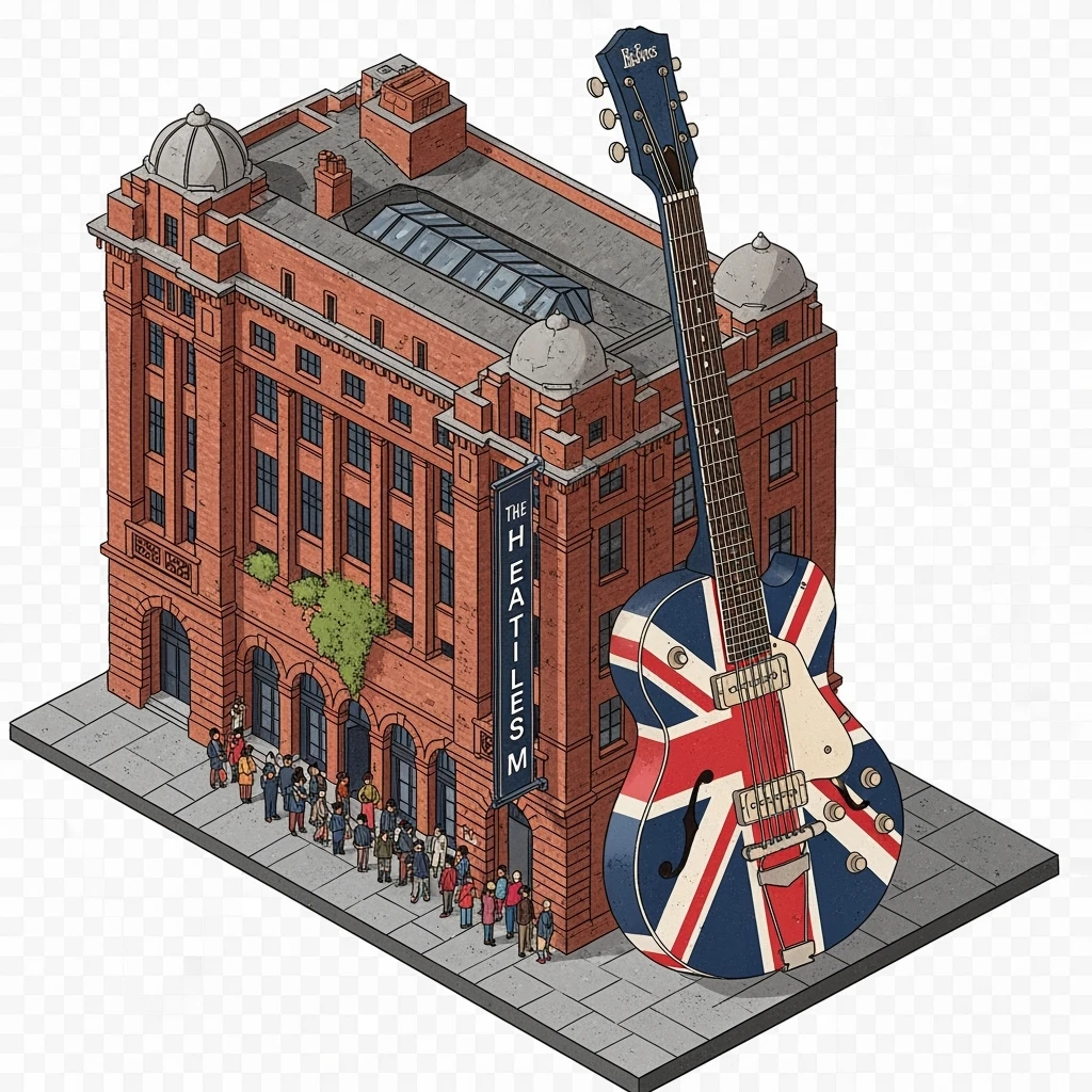 Isometric illustration photorealistic The Beatles Story museum, a Union Jack guitar and brick building in a miniature, slightly hand-drawn style, balanced between stylized and realistic, no cartoonish look, transparent background. emoji
