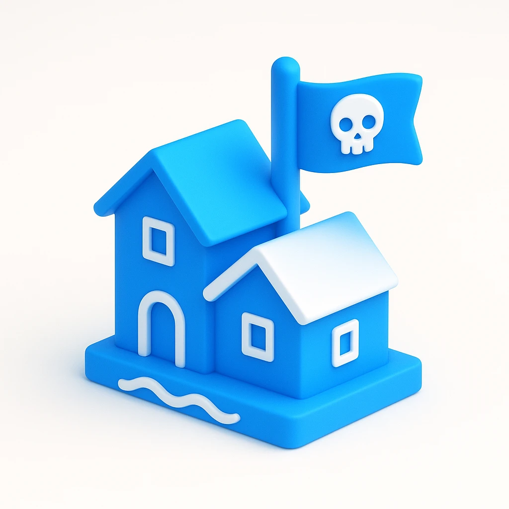 old pirate's house with skull flag emoji