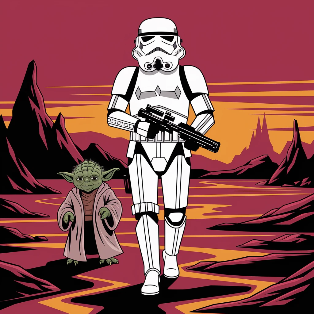 vector art of a Starwars stormtroopers is walking on lava planet with yoda, battleground background 
 emoji