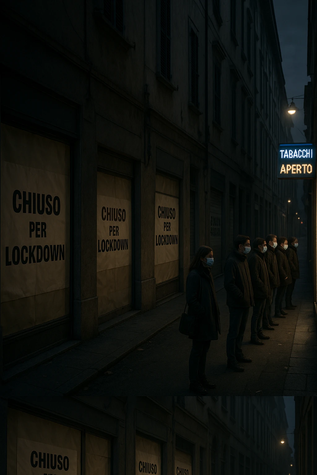 a deserted city street with all shops and businesses shuttered, their windows covered with “Chiuso per Lockdown” signs. In contrast, a brightly lit tobacco shop stands open, with a glowing “Aperto” sign and people lined up outside, all wearing masks. The mood is somber and critical, highlighting the paradox. in italiano emoji