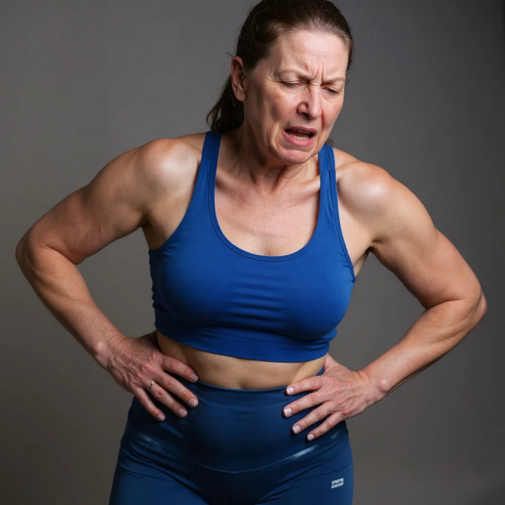 Realistic style image of a woman in sportswear inspired by the reference photo, showing pain in the lower back, with both hands on the lumbar area and a pained expression, neutral background. emoji