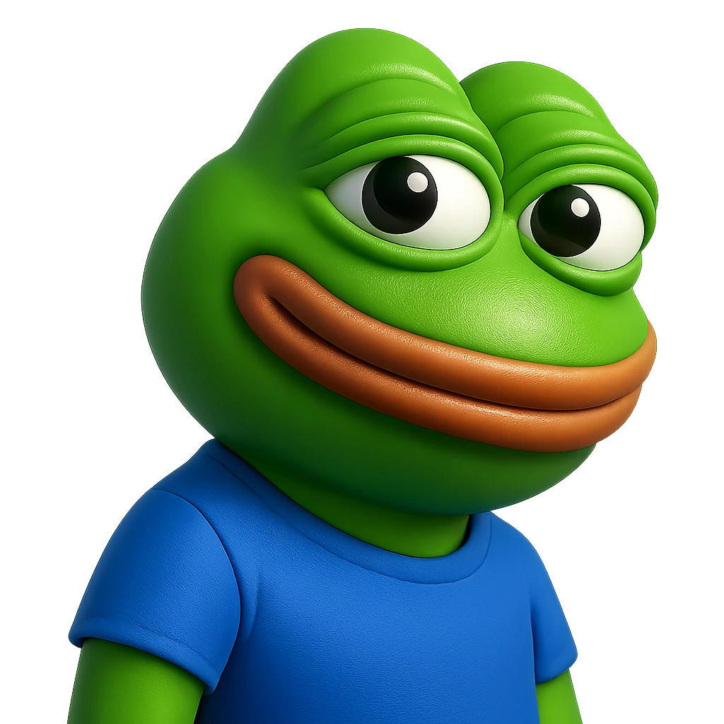 pepe in
- 3d style
- bright green
- blue shirt
- smiling
- looking straight at the camera
- good highlights and shadows
- 30deg angled towards the right emoji