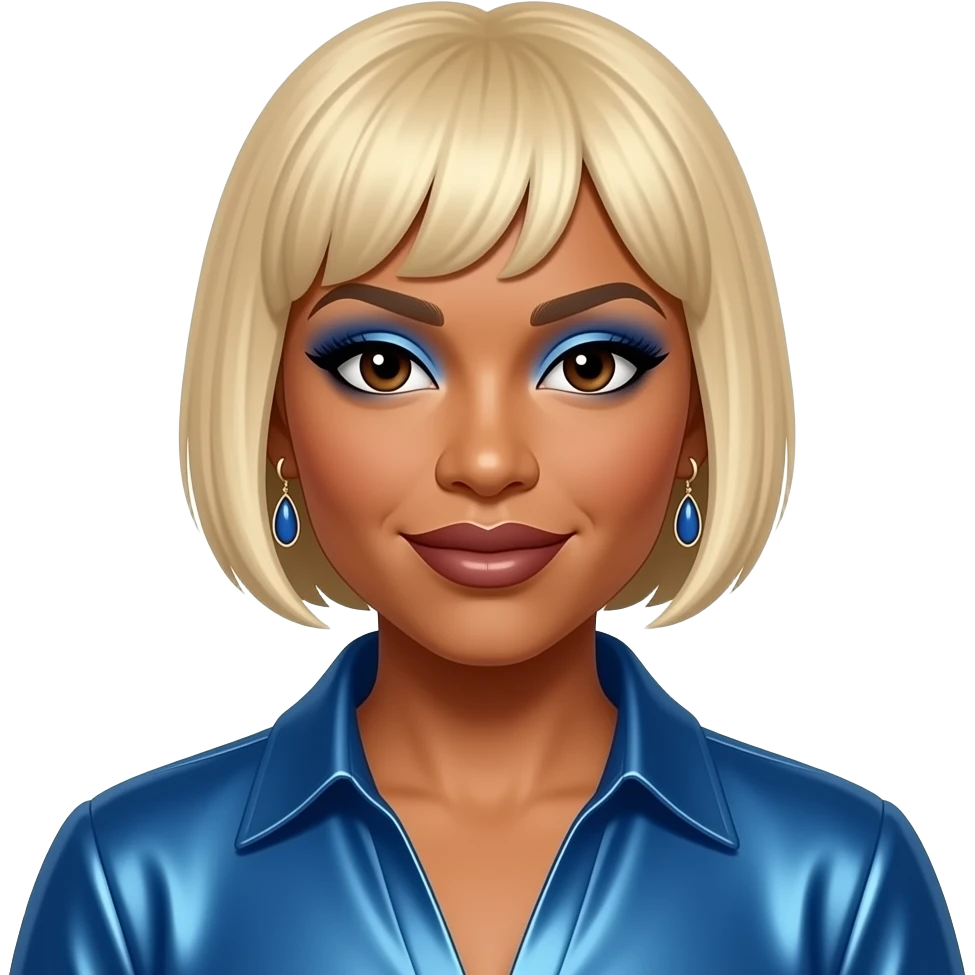 Tionne T-Boz Watkins from TLC with dark brown eyes, blonde pixie cut hair, blue eyeshadow, brown lipstick, blue metallic blouse, earrings emoji
