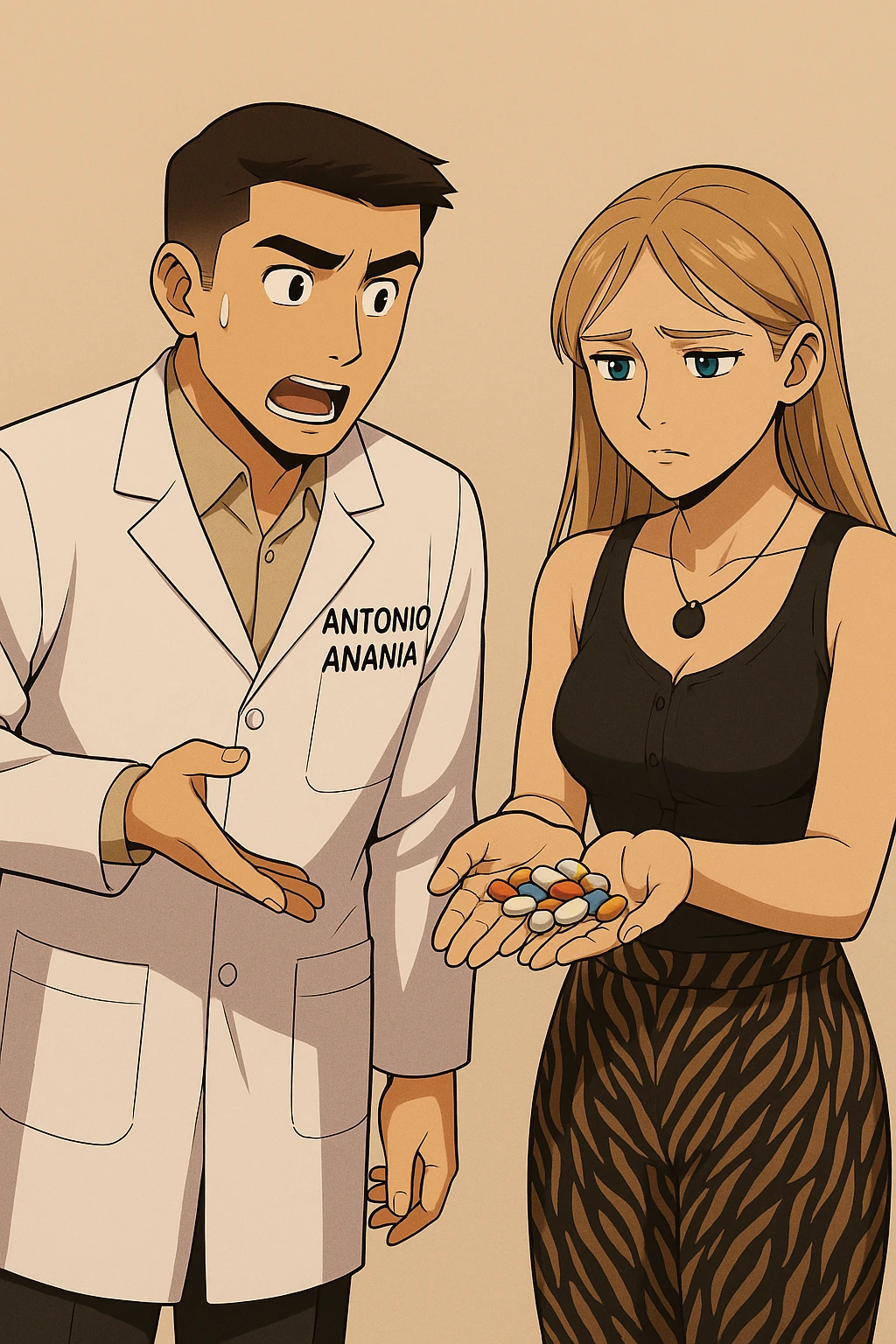 fai un webtoon/manga a colori con questo kinesiologo in camice bianco (fagli la scritta "ANTONIO ANANIA" SUL CAMICE) CHE PARLA CON QUESTA RAGAZZA CON GLI OCCHI AZZURRI. la ragazza gli fa una domanda e IL KINESIOLOGO CON IL CAMICE BIANCO LE risponde. NON FARE I FUMETTI, FAI SOLO LORO COME SE DIALOGASSERO emoji
