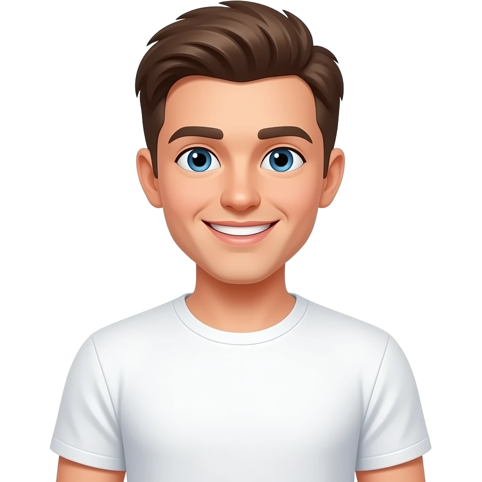 20 year old man smiling with blue eyes and brown hair in t-shirt emoji