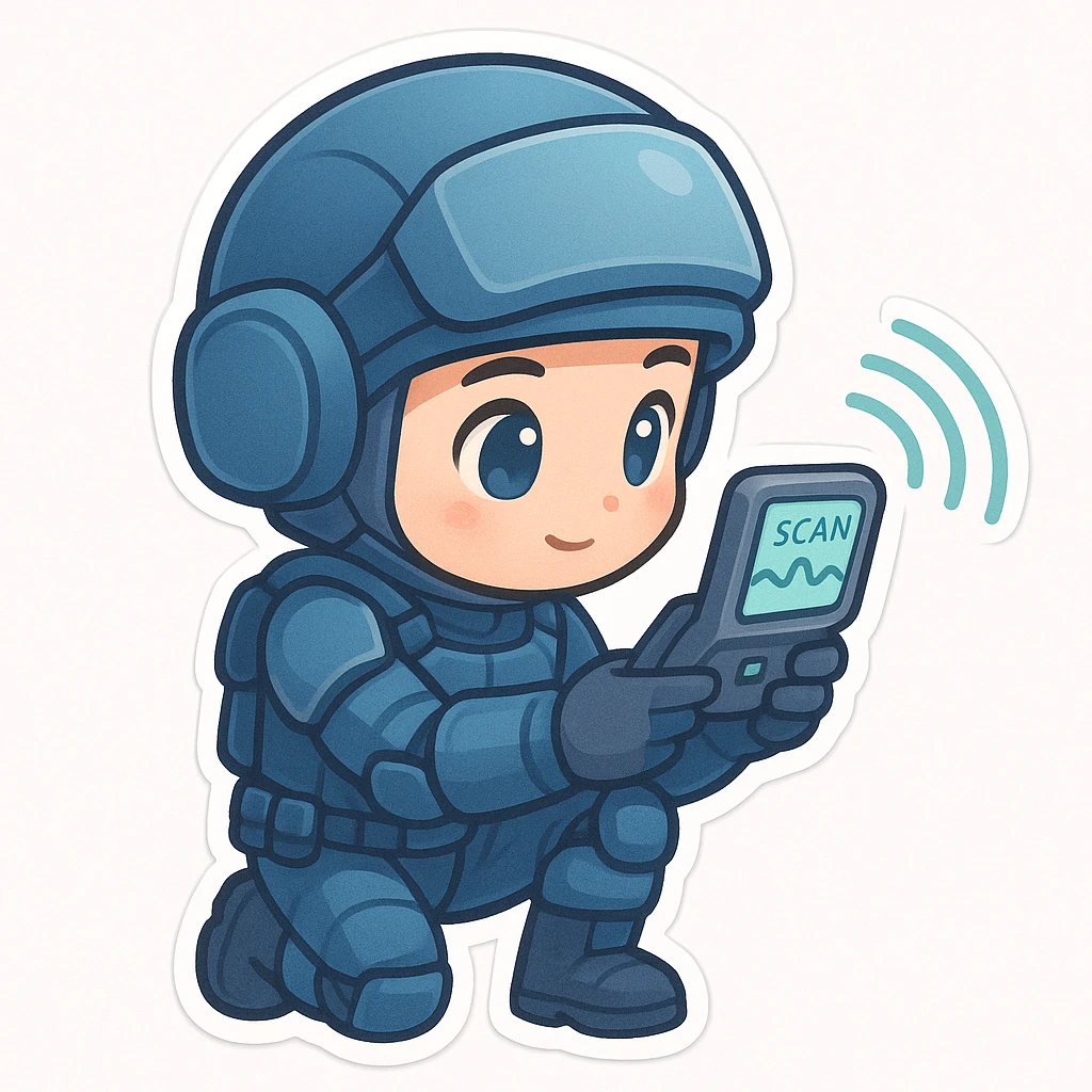 chibi sticker of a sci-fi soldier in a mostly blue uniform, kneeling and scanning with a futuristic device, big eyes, cute style, white background emoji