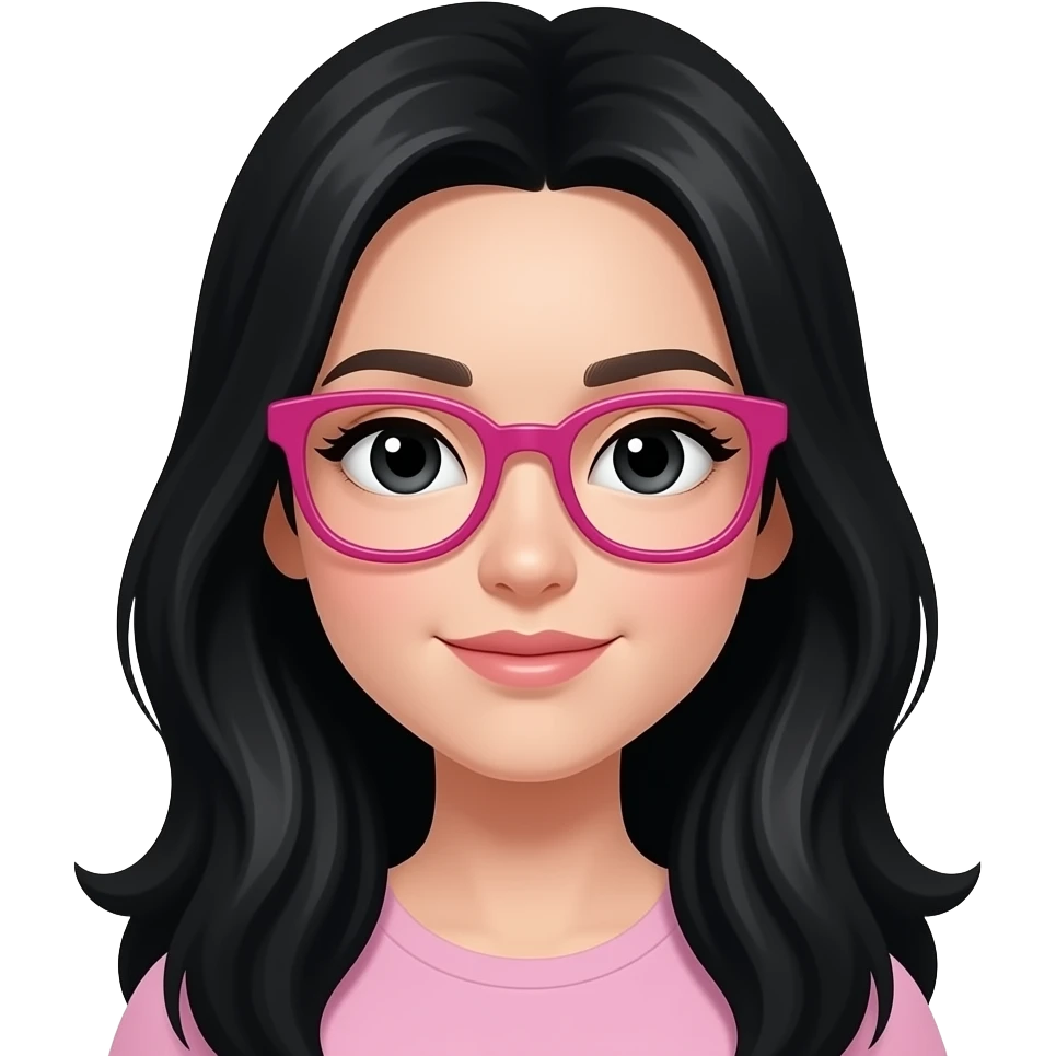 una chica de pelo negro largo, ojos negros, lentes color fucsia emoji