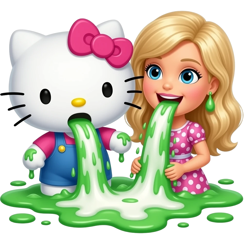 Green and white, throwing up—Hello Kitty and Barbie are throwing up together, a lot, covering the ground in vomit; it's gushing out of her mouth like Niagara Falls emoji