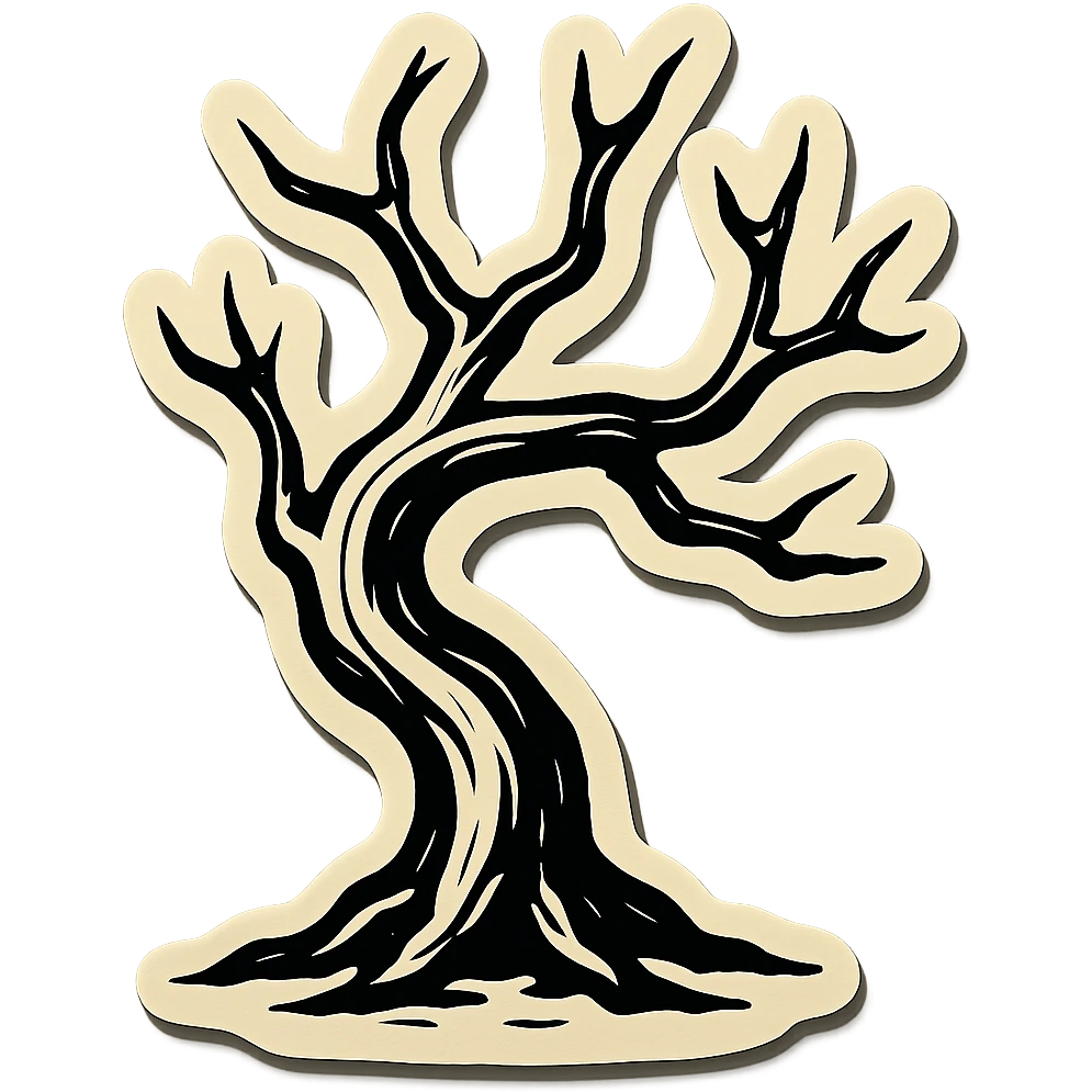 dry curved tree, contour style, sharp black lines, clear shadows and highlights, no gradients, retro stickers style emoji
