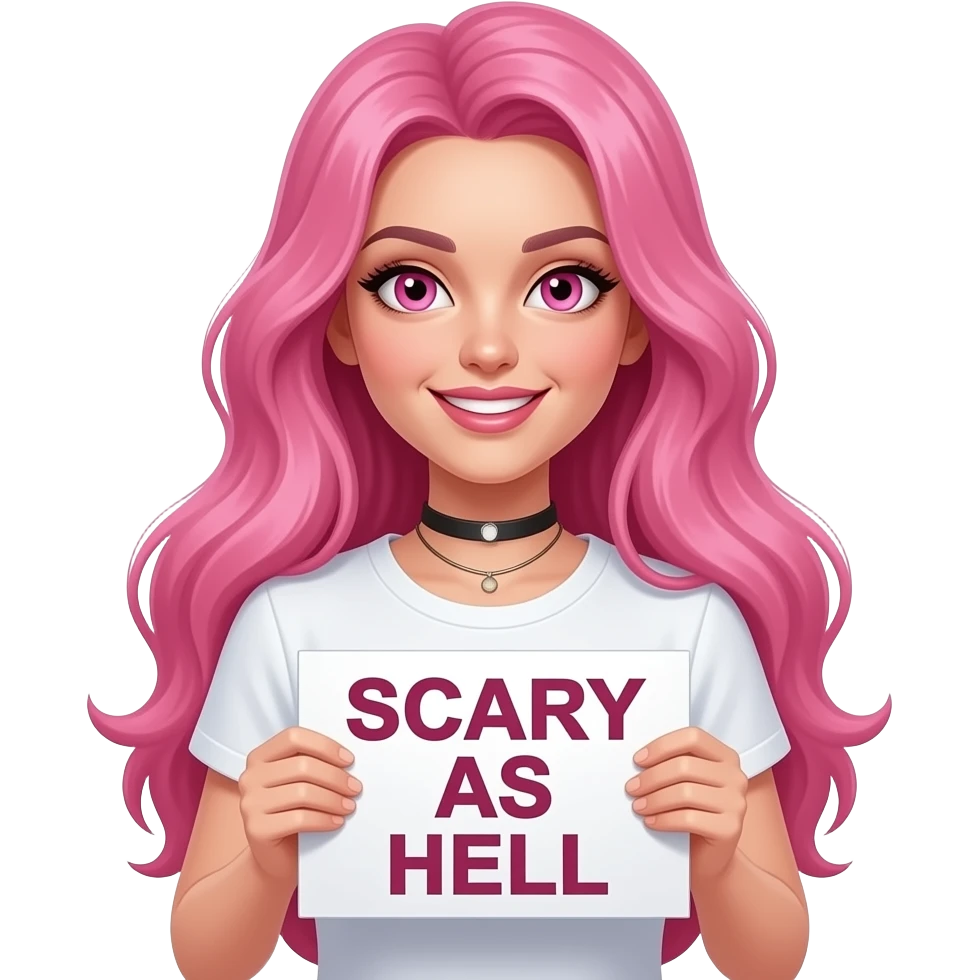sexy girl with long pink hair and pink eyes wearing a holding a SCARY AS HELL sign emoji