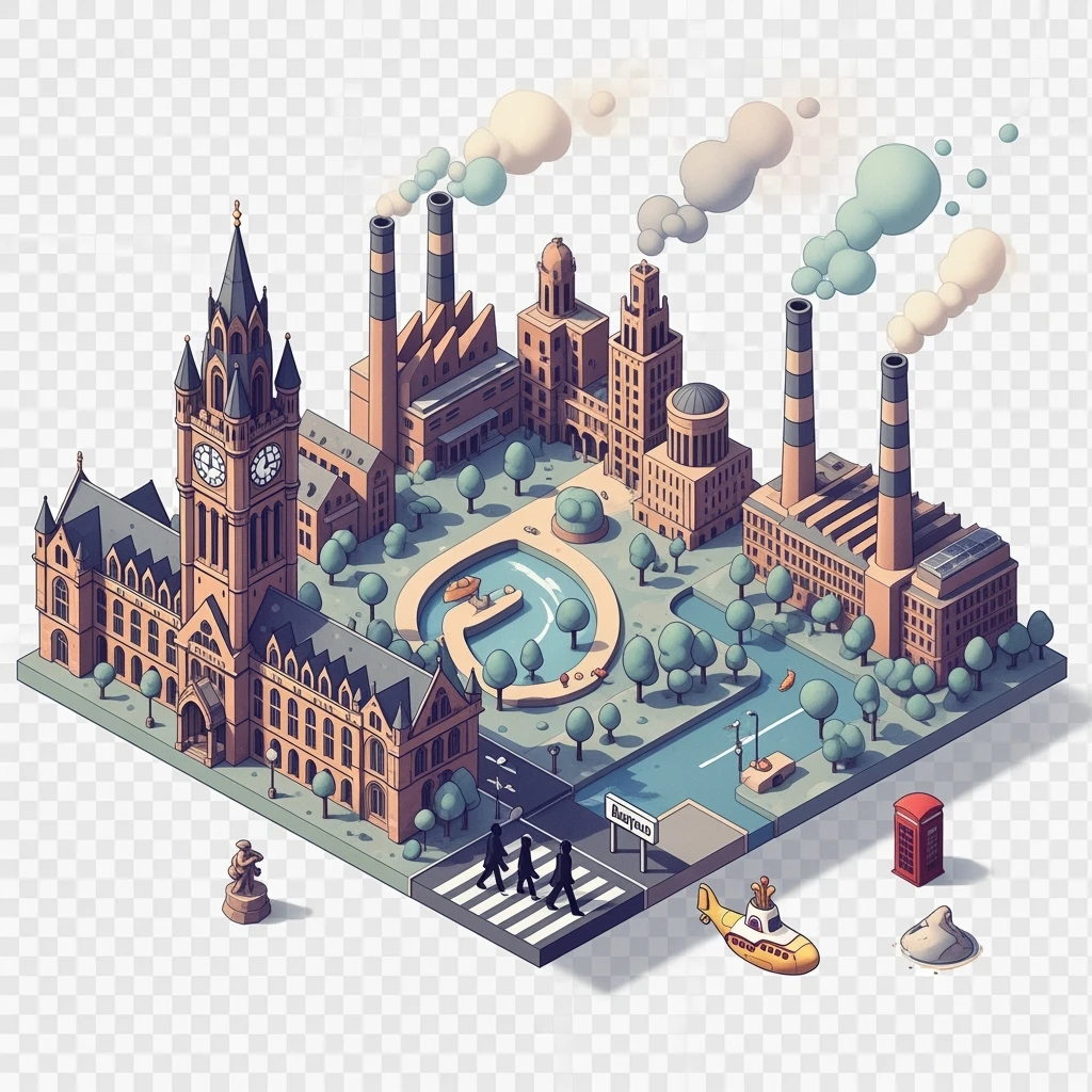 Isometric illustration of Manchester and Liverpool combined, featuring Beatles references (Abbey Road sign), Manchester Town Hall, toy-style factories, muted pastel tones, transparent background emoji