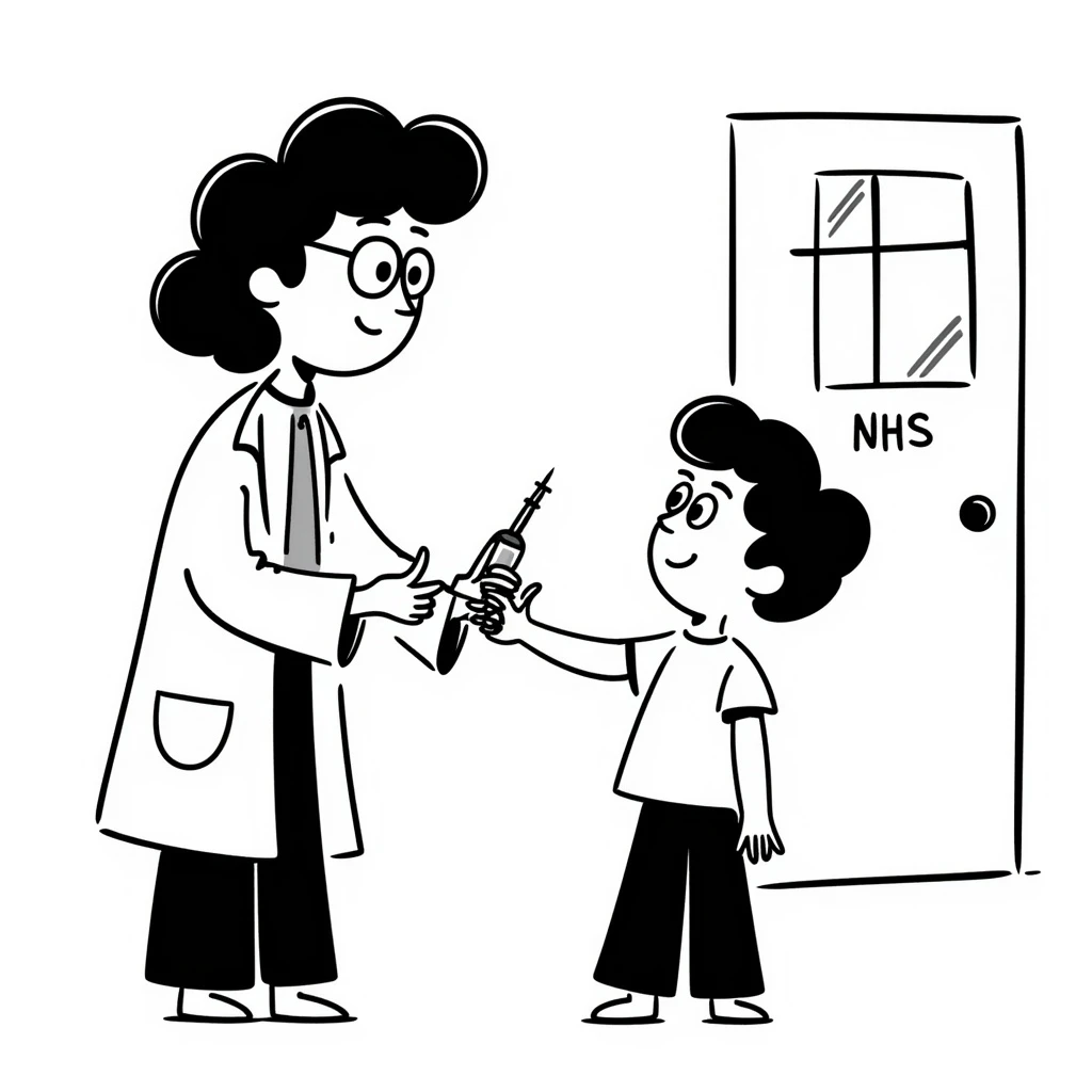 A 1960s doctor injecting a measles vaccination to a happy child in a doctors surgery.  On the door is a sign that reads NHS emoji