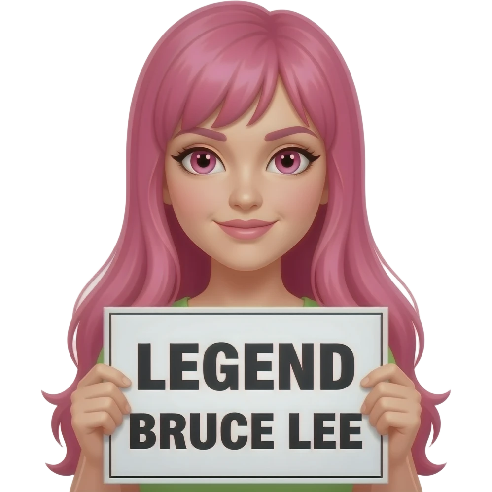 sexy girl with long pink hair and pink eyes holding LEGEND BRUCE LEE sign emoji