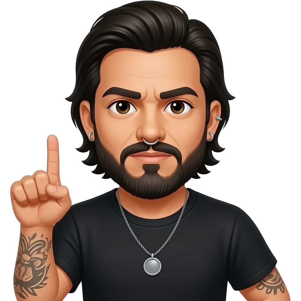 The handsome Latino podcast host with medium length hair, a long beard and tattoos with his ears pierced and a nose ring on the right side flipping somebody off emoji