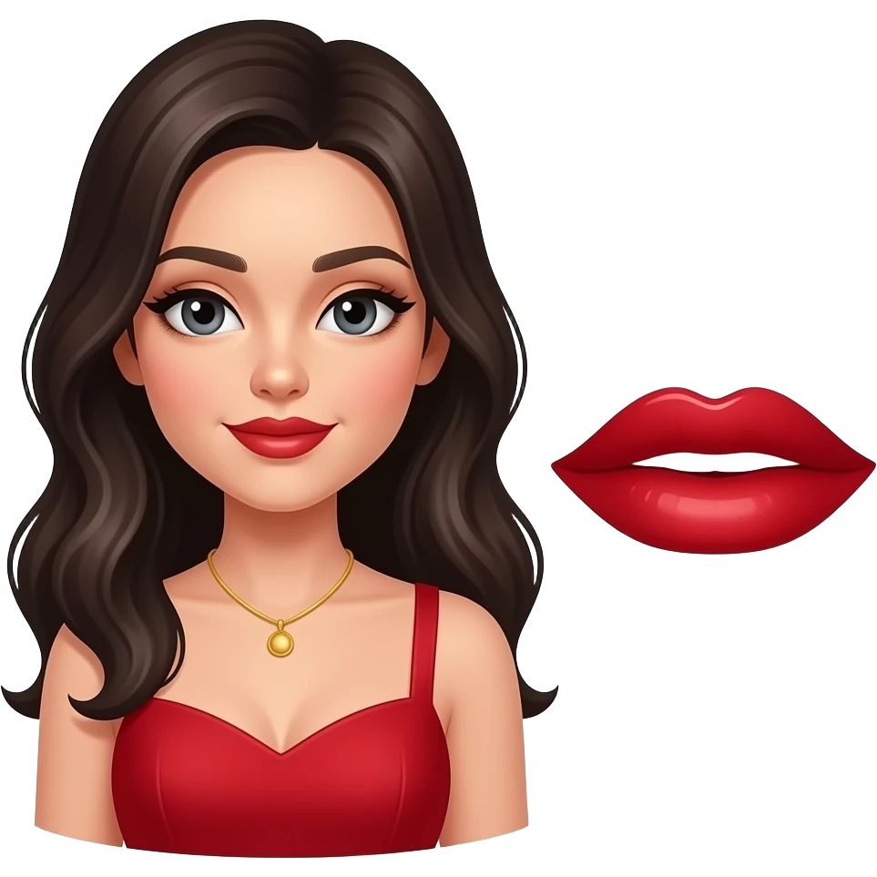 девушка с темными волосами с макияжем в красивом красном платье, рядом с ней красная помада emoji