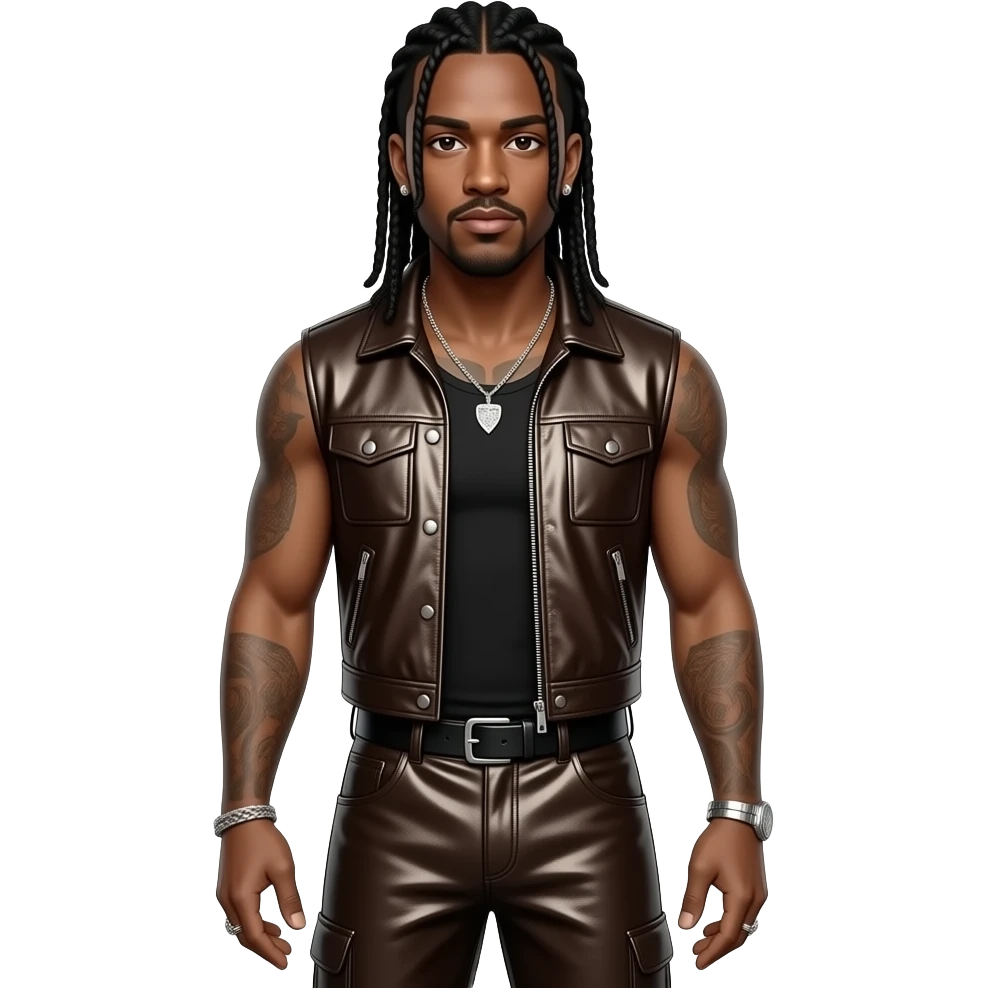 Omarion with long black braided hair, dark brown metallic vest, dark brown metallic baggy pants, silver necklace and earrings emoji