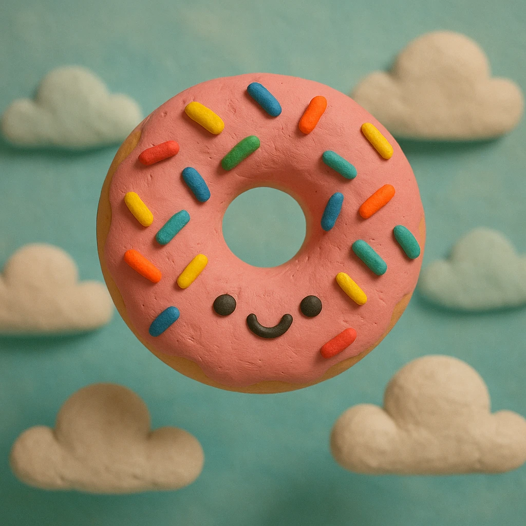 kawaii donut with rainbow sprinkles and happy face, floating in a dreamy cloud background, claymation style emoji