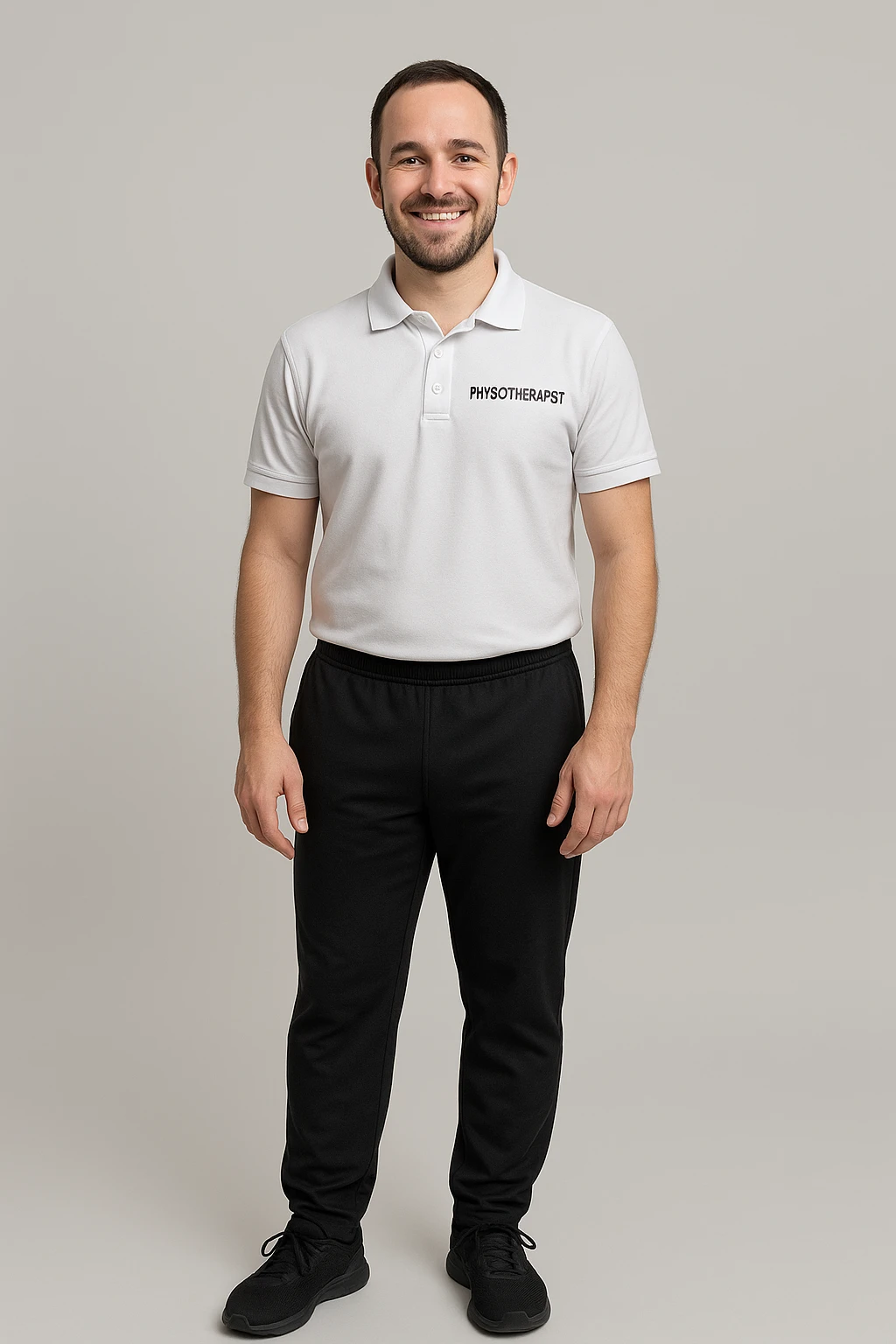full body physiotherapist in polo shirt and sporty pants, relaxed posture emoji
