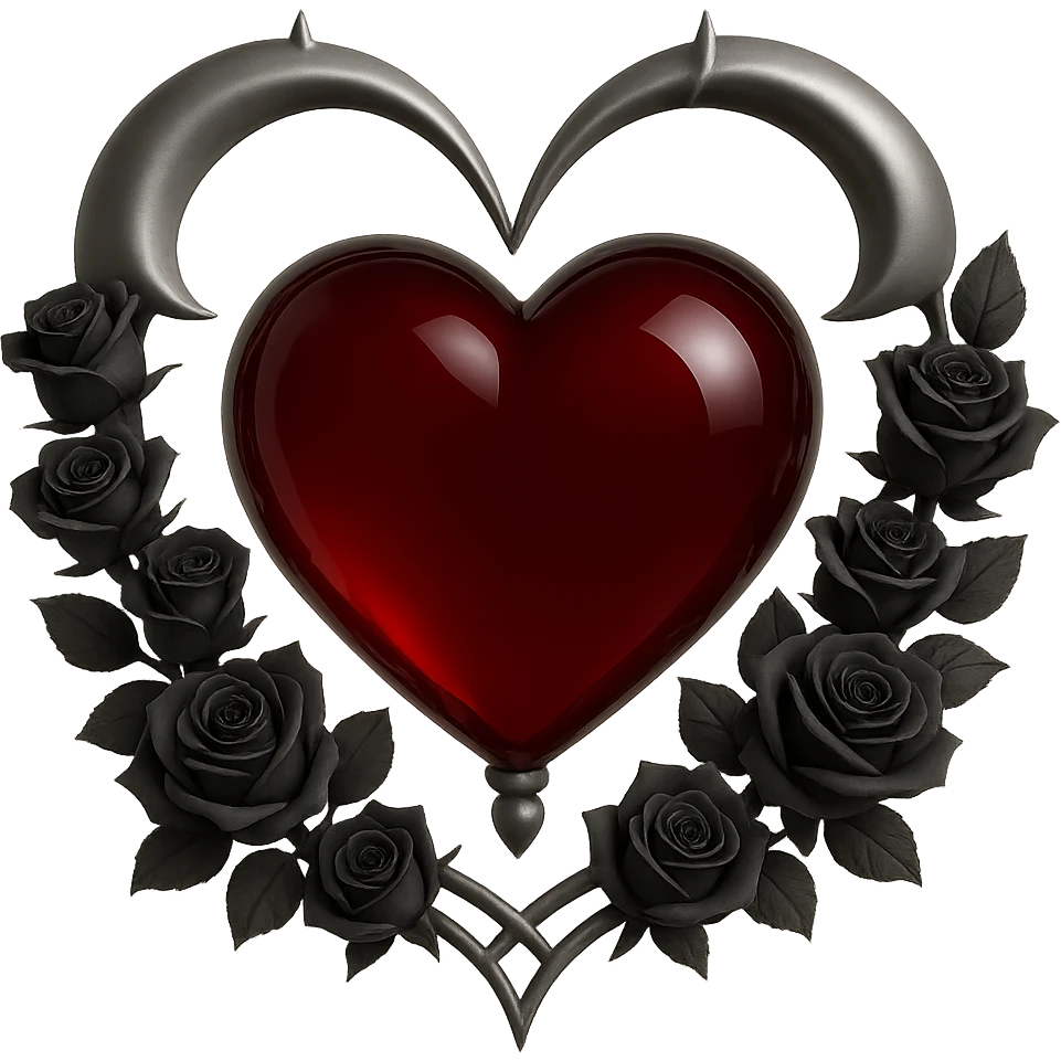 Change the heart to deep red glass, keep the silver crescent moon and tiny black roses, mysterious and rich style. The original style is 3D emoji style but it does not support editing, so use a general style editor to achieve a 3D emoji look with no background. emoji