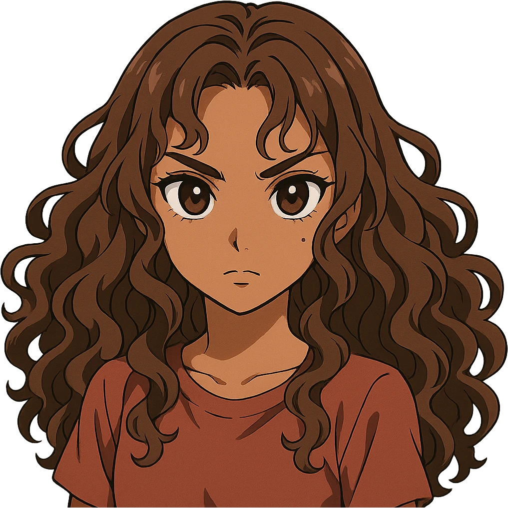 anime girl with long curly hair, medium brown color not too dark, large intense brown eyes, medium skin tone (neither pale nor dark), beauty mark on right cheek emoji
