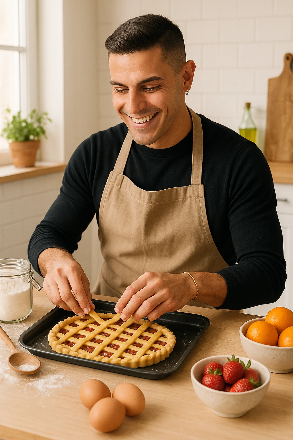 uomo che cucina il suo dolce preferito una crostata emoji